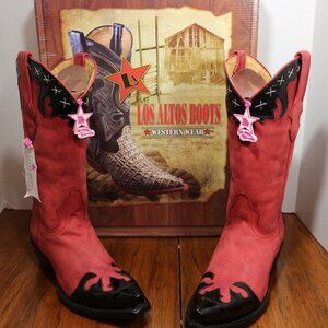 Los Altos Women’s Red Suede With Black Eel Trim Boots.